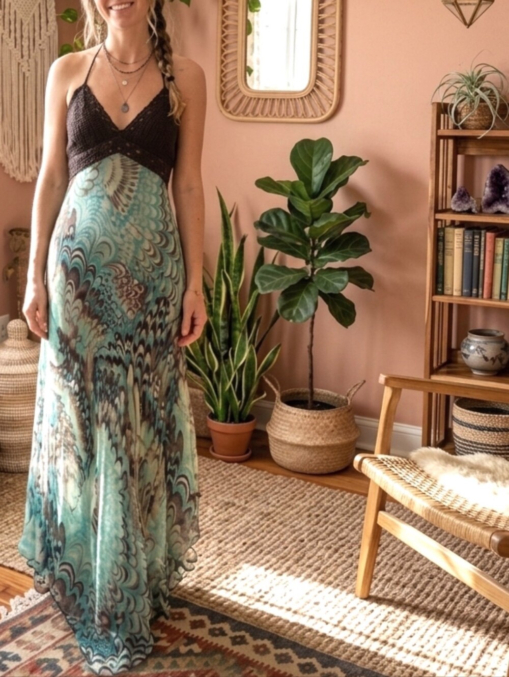 y2k vintage100% silk  Laundry by Shelli Segal boho maxi halter dress sz 10